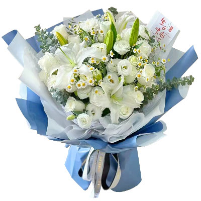 江门11朵白玫瑰桔梗百合，爱永恒不息